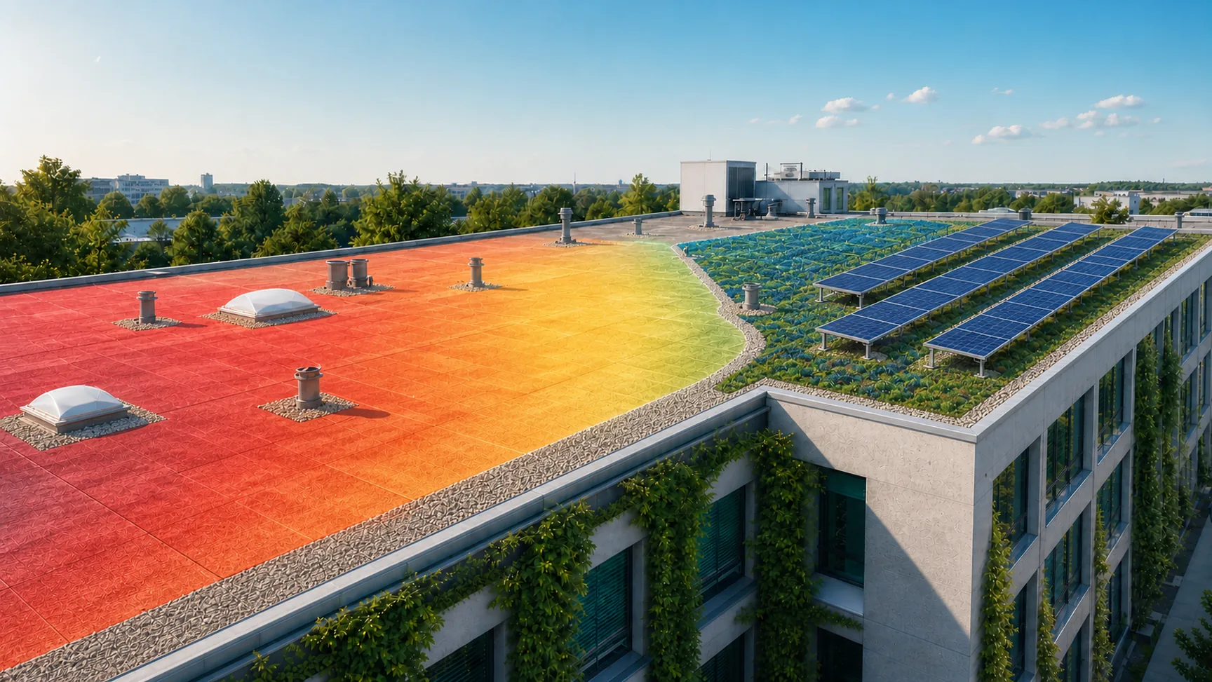 Flachdach mit visualisierter Hitzeanalyse sowie empfohlenem Solar-Gründach und Fassadenbegrünung