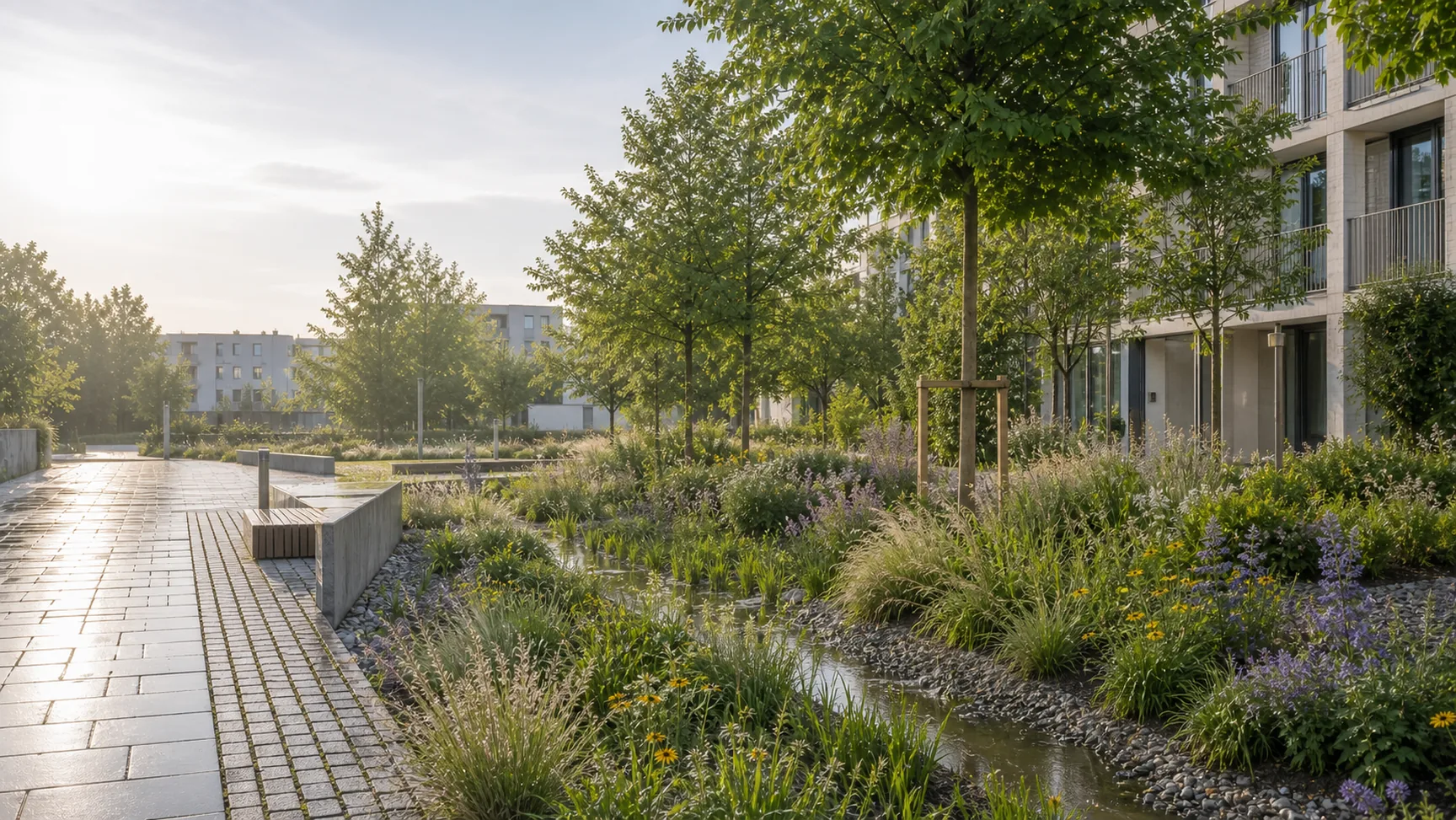 Klimaresilienter Freiraum mit Bäumen, Stauden, Regenmulde und wasserdurchlässigem Weg