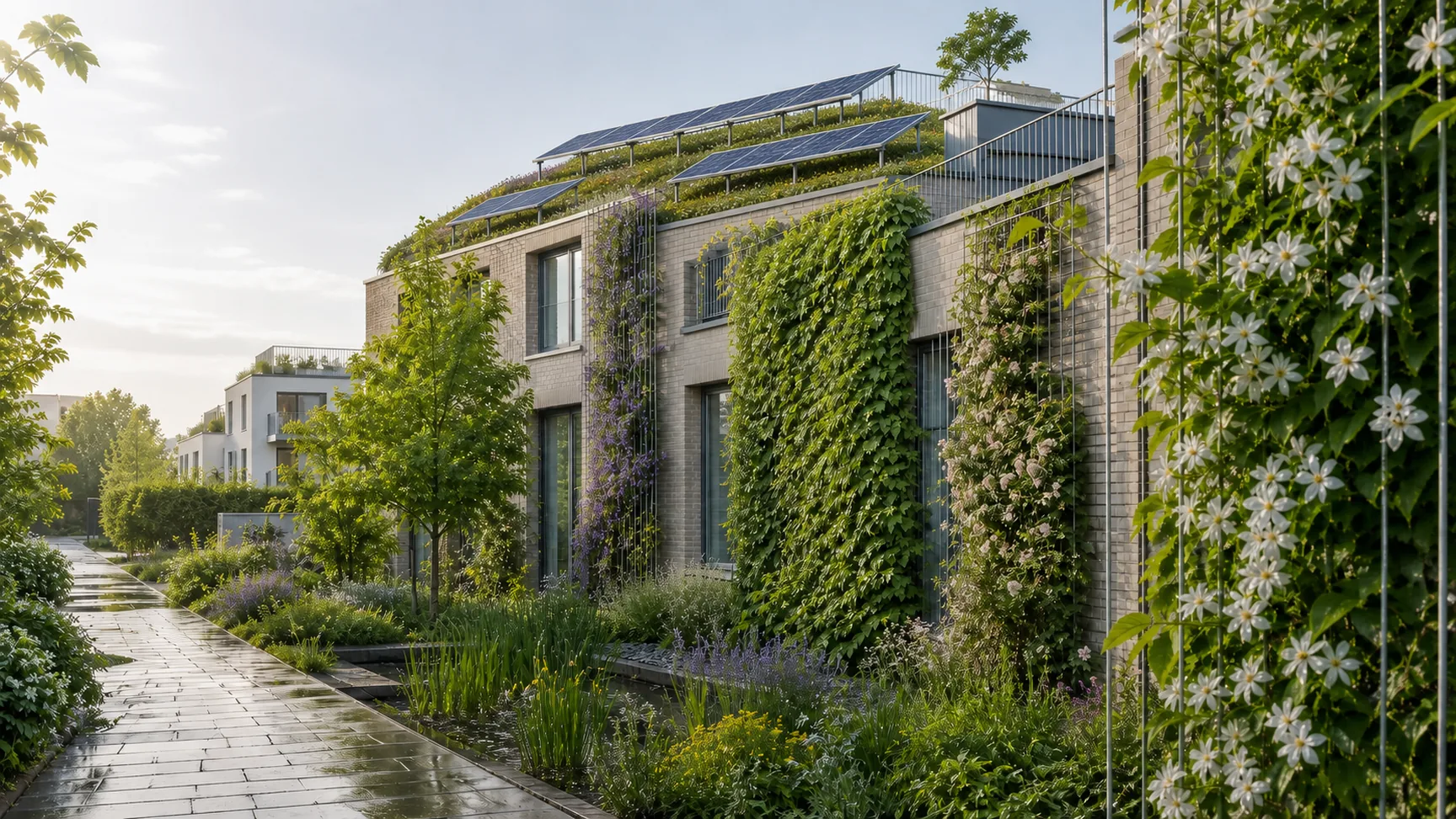 Gebäude mit verschiedenen Kletterpflanzen, Solar-Gründach, Staudenbeeten und Regenmulde